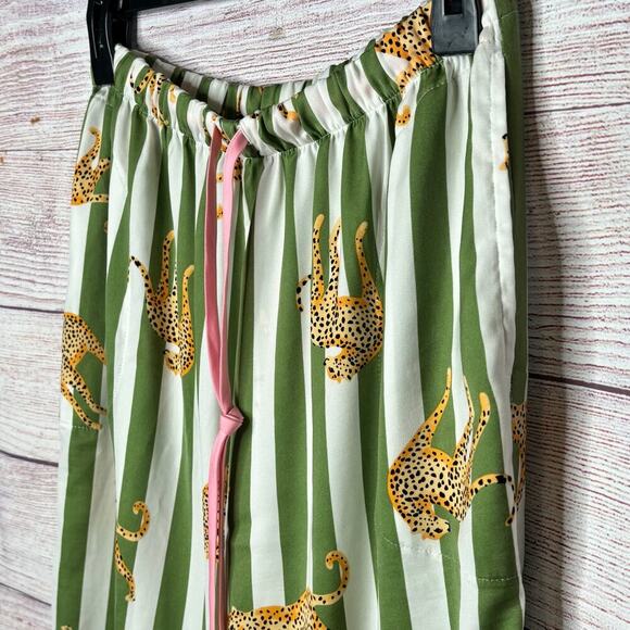 Room Service Wide Leg Crop Cheetah Green White Tropical Pajama Pants Size Small - Picture 6 of 8